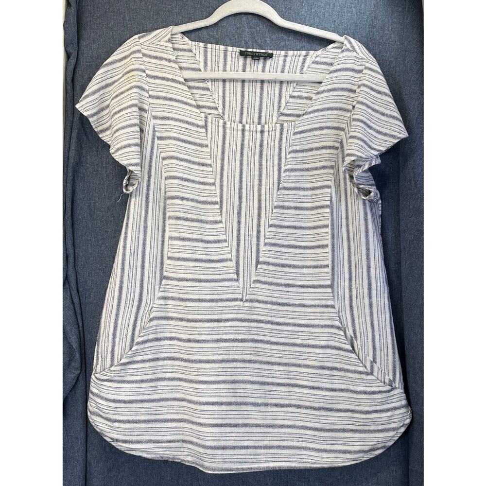 For Cynthia Womens Cream/Blue XL Hip Pockets Boat Neck Linen Blends Blouse FLAW